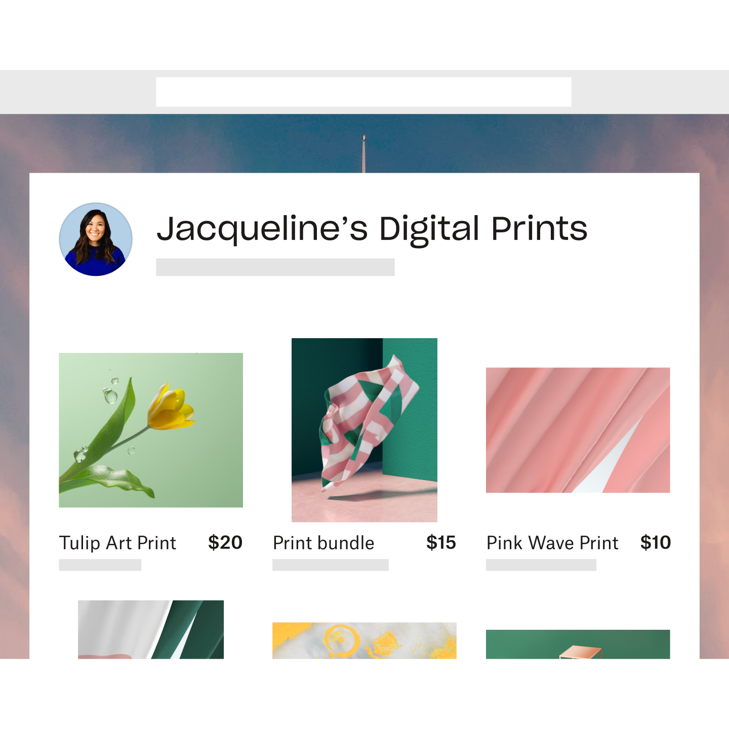Dropbox Shop storefront "Jacqueline's Digital Prints" with images, titles, and prices for several listings